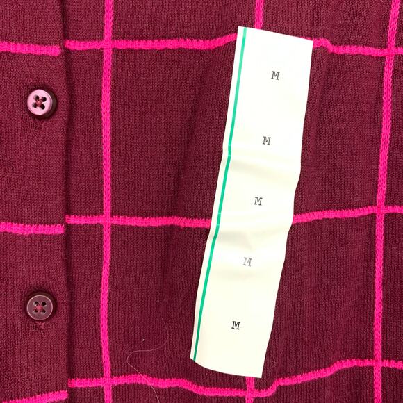 Merona Crew Neck Cardigan Sweater Womens M Two Tone Pink Maroon Grid Print NEW - Picture 5 of 8